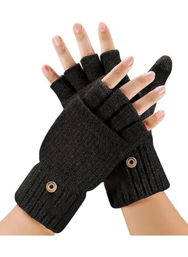 CLENEA 1 Pair Winter Fingerless Gloves for Men and Women, Wool Mittens with Flip, Warm Half Finger Knitted Gloves, Soft and Comfortable, Touchscreen Friendly, for Cold Weather - Image 1